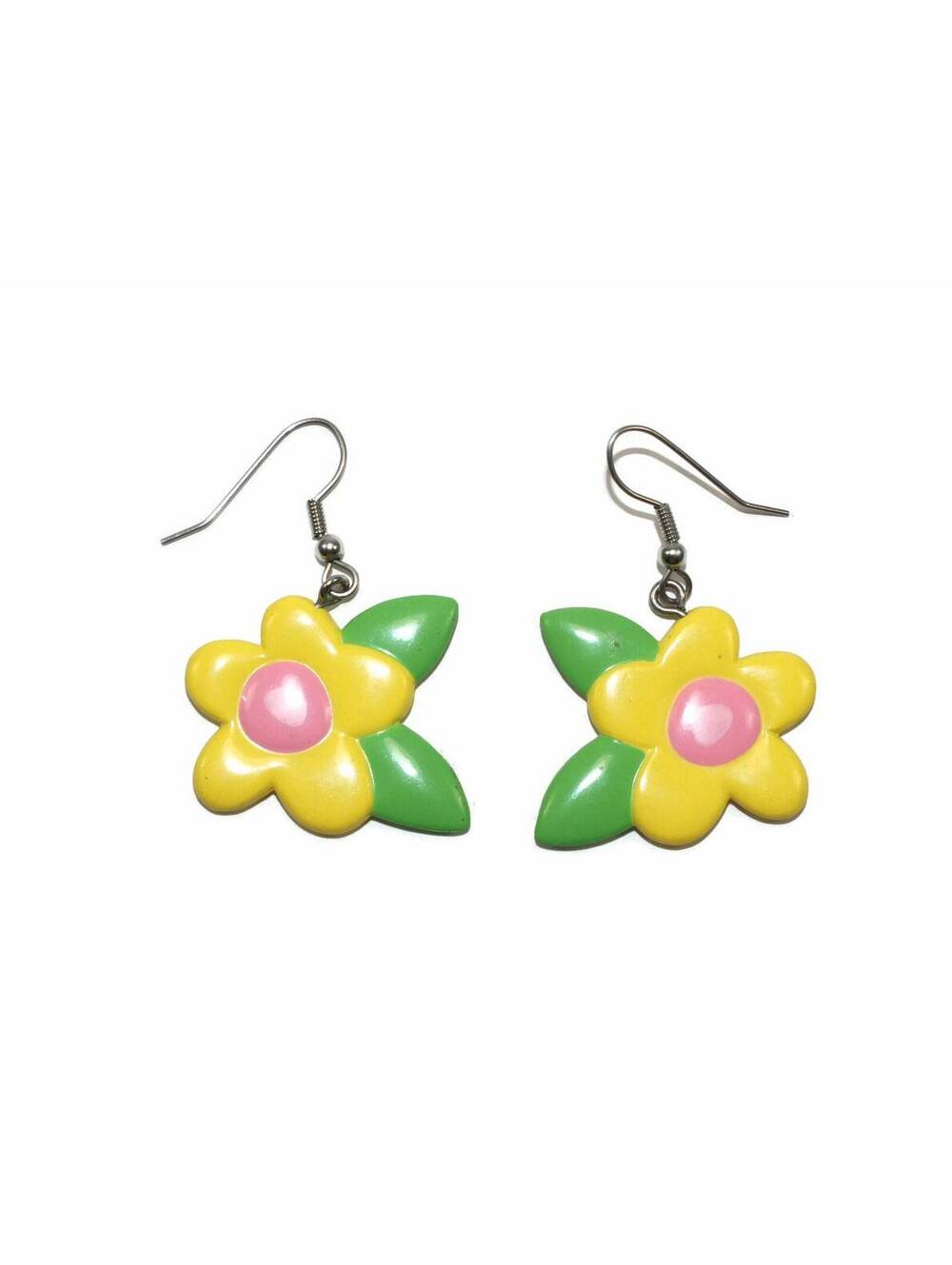 Vintage Hallmark Yellow, Green and Pink Plastic Flower Earrings with Hook Backs.